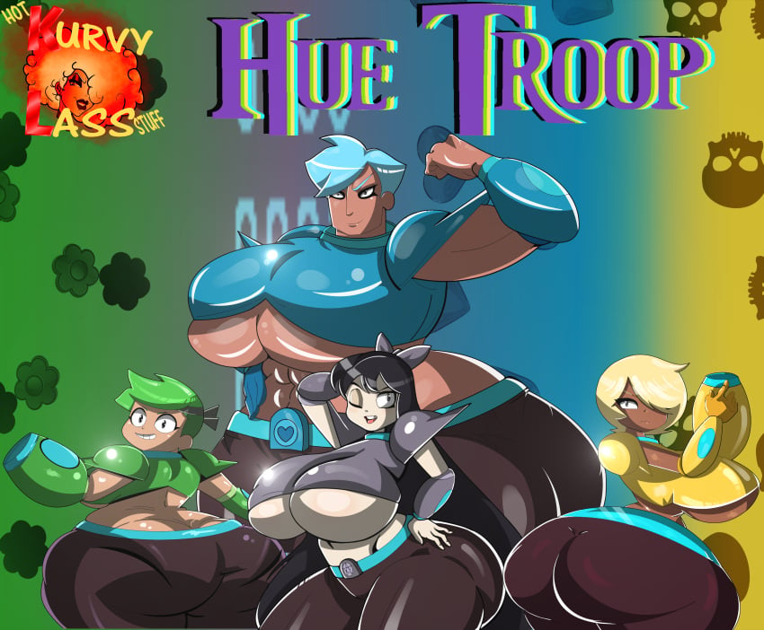 4girls ass black_hair black_strategy blonde_hair blue_hair blue_power breasts cartoon_network dark-skinned_female dark_skin female female_only green_guts green_hair group hue_troop hue_troopers kurvylass light-skinned_female light_skin long_hair multiple_girls ok_k.o.!_let's_be_heroes short_hair team text yellow_technique