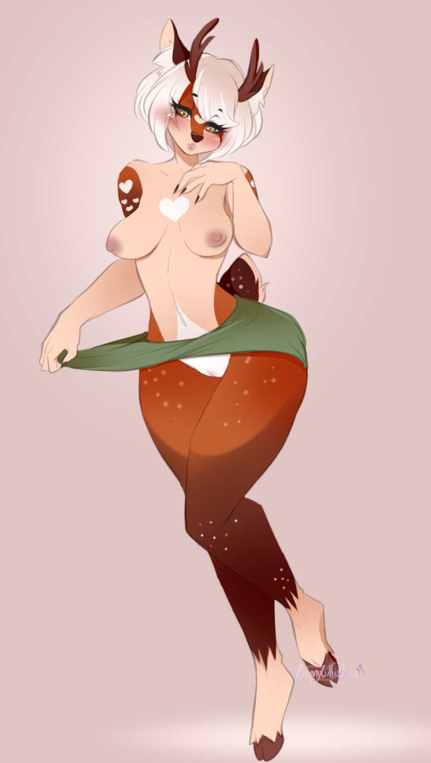 <3_marking 2021 anthro antlers bottomwear breasts bunnywhiskerz cervid clothing female genitals green_eyes hair hi_res hooves horn inner_ear_fluff mammal nipples pussy short_hair simple_background skirt solo tuft