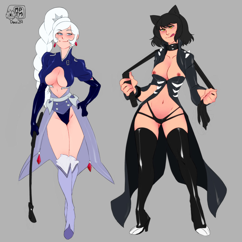 2girls alternate_costume bdsm_gear blake_belladonna bondage boots braided_hair braided_ponytail breasts cage_panties cat_ears cleavage cleavage_window collar coloured edit elbow_gloves faunus gloves heels high_heel_boots high_heels inner_sideboob licking_lips multiple_girls my_pet_tentacle_monster riding_crop rwby smug_grin thighhigh_boots weiss_schnee whip