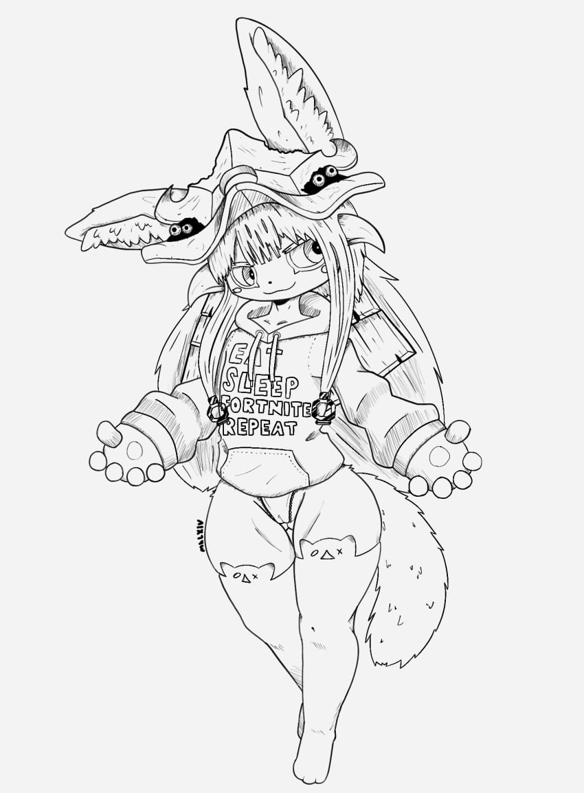 2021 anthro big_forearms cameltoe clothing digital_media_(artwork) epic_games female flat_chested fluffy fluffy_ears fluffy_tail forearms fortnite hair hatching_(art) headgear headwear hi_res legwear long_hair looking_away made_in_abyss mammal mklxiv monochrome nanachi narehate no_pants partially_visible_vulva shaded signature smug thick_thighs thigh_highs thong underwear video_games