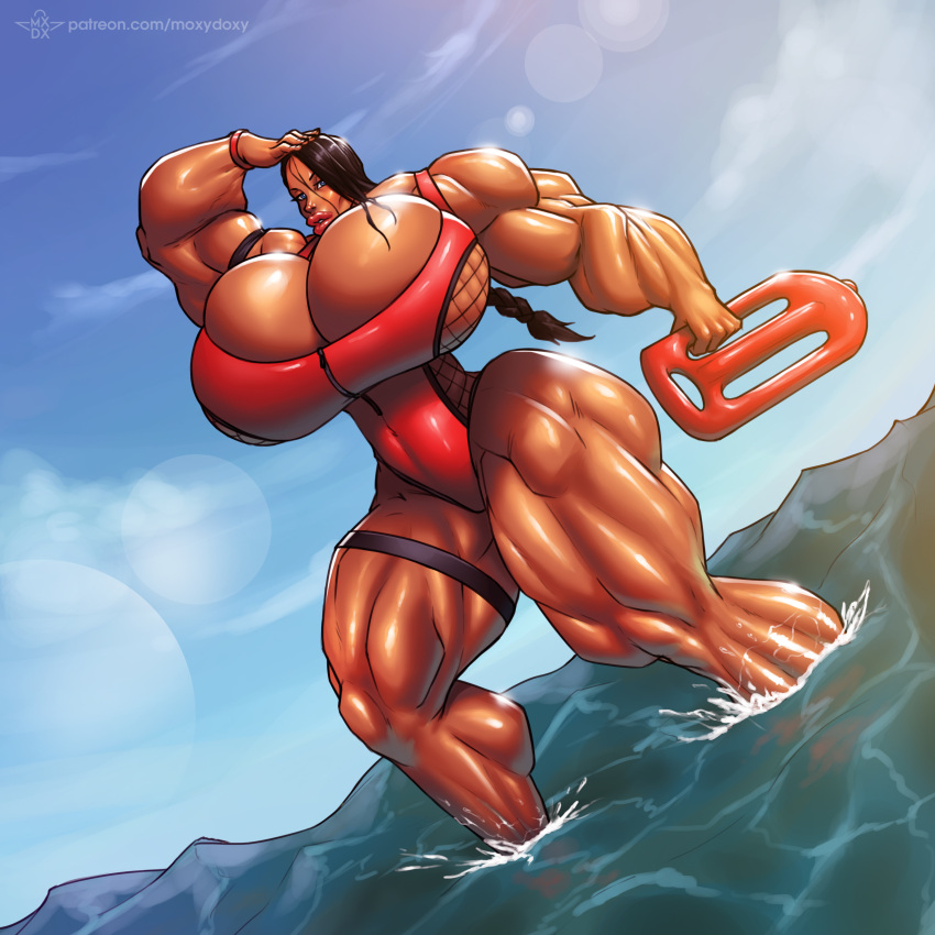 big_ass big_breasts big_muscles bimbo blue_eyes bodybuilder female female_only lifeguard moxydoxy muscular muscular_female ocean public rescue_buoy thick_thighs