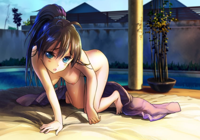 1girls ahoge all_fours andou_shuki arm_support barefoot black_hair blue_eyes blush breasts brown_hair feet female female_only female_pubic_hair ganaha_hibiki hanging_breasts idolmaster idolmaster_(classic) long_hair looking_at_viewer medium_breasts nipples nude oerba_yun_fang open_mouth ponytail pubic_hair scrunchie shiny shiny_skin solo tagme thigh_gap tied_hair toes wallpaper