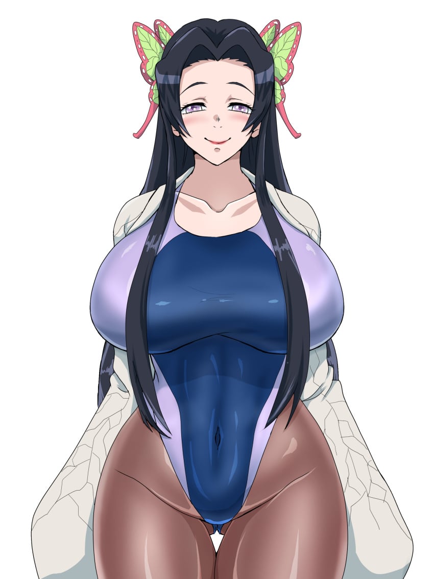 alternate_costume big_breasts black_hair butterfly_hair_ornament cowboy_shot demon_slayer eiro_lemon female female_only huge_breasts ierou_yellow kimetsu_no_yaiba kochou_kanae long_hair looking_at_viewer one-piece_swimsuit panty_pull purple_eyes smile solo stockings swimsuit thick_thighs thigh_gap tight_clothing wide_hips