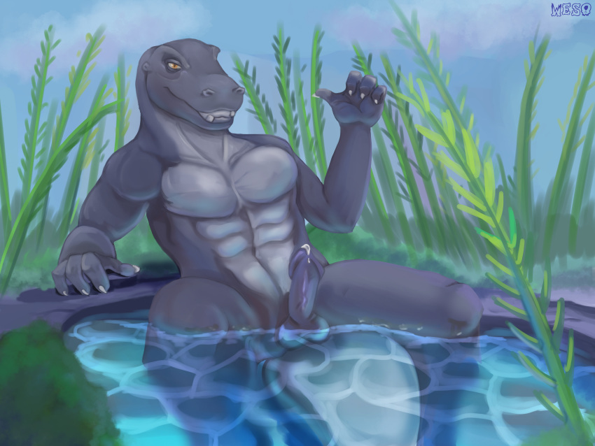 4:3 absurd_res anthro bodily_fluids dinosaur don_bluth genital_fluids genitals hi_res hot_tub male male/male outside penis precum relaxing reptile scalie smile solo the_land_before_time water weso