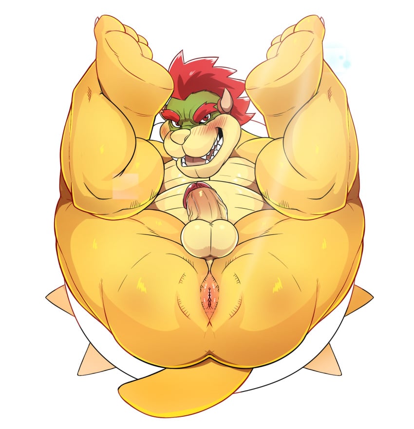 1boy 3_toes anthro anthro_only anthrofied anus ass balls bara bowser bowser_day bubble_ass bubble_butt butt genitals green_face green_skin horn horns legs_held_open legs_up looking_at_viewer male male_only mario_(series) mohawk_(hairstyle) nintendo open_mouth paws penis presenting presenting_anus presenting_ass presenting_butt red_eyes red_hair seyrmo sharp_teeth simple_background smile smiling smiling_at_viewer solo tongue two_tone_body vein veiny_penis video_games white_background yellow_body yellow_skin