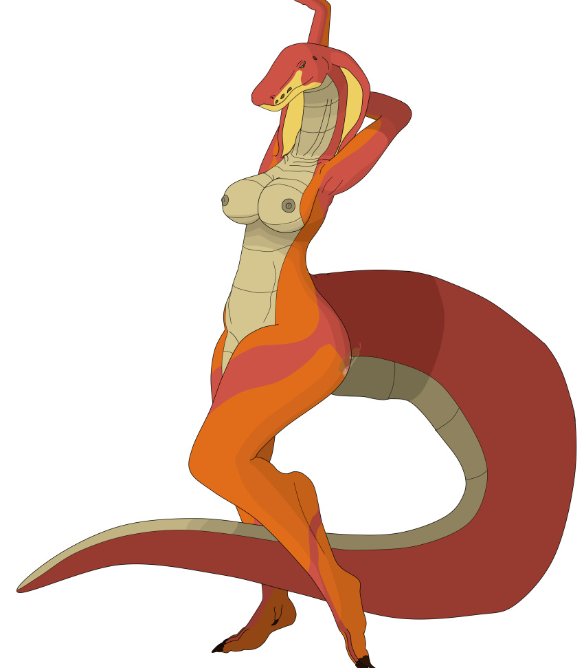 absurd_res alpha_channel anthro big_tail breasts cobra female green_eyes hi_res intersex looking_at_viewer nipples non-mammal_breasts nude orange_body orange_scales red_body red_scales reptile scales scalie serpentine simple_background smile snake snake_hood solo stretching thegamingzilla