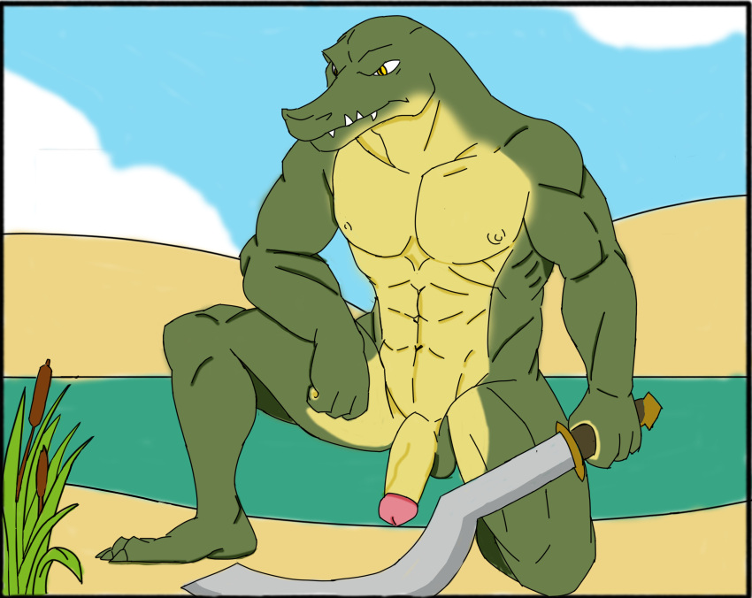 absurd_res alligator alligatorid crocodilian fangs flaccid genitals hi_res humanoid_genitalia humanoid_penis kingchan male male_focus male_only male_solo melee_weapon muscular nude penis reptile scalie sobek solo solo_male sword teeth weapon