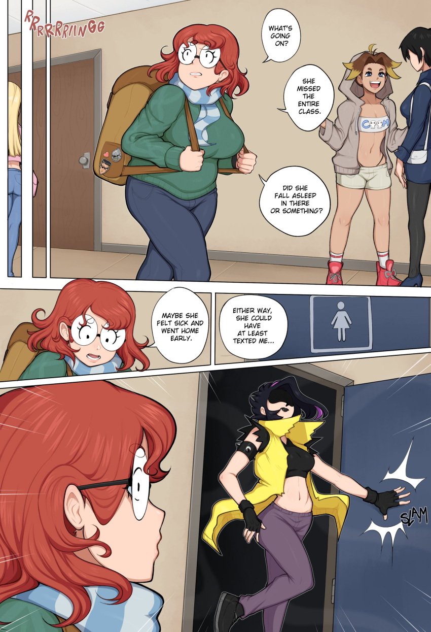 1futa 4girls afrobull background_character breasts chubby chubby_female comic comic_page english_text female female_focus fingerless_gloves fully_clothed futanari glasses green_sweater hallway huge_breasts implied_futanari jeans jojo_pose jojo_reference katelynn_(afrobull) large_breasts light-skinned_female light-skinned_futanari light_skin maddie_(afrobull) nerd opening_door original original_character original_characters page_29 red_hair ripped_clothing round_glasses scarf school slamming_door speech_bubble stockings stolen_clothes sweater thong tubetop wearing_partner's_clothes