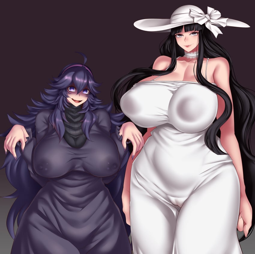 1girls 2girls alternate_breast_size big_breasts black_hair breasts female female_only hasshaku-sama hex_maniac huge_breasts japanese_mythology long_hair looking_at_viewer mature mature_female mature_woman milf multiple_girls nintendo nipple_bulge nipples_visible_through_clothing npc_trainer pokemon purple_hair tall_female taller_female yasuaki023