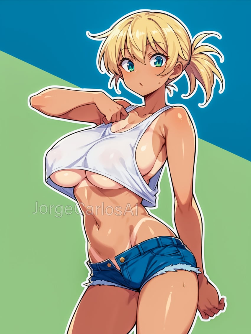 ai_generated big_breasts blonde_hair breasts clothed clothing denim denim_shorts female female_focus female_only gyaru jorgecarlosai looking_at_viewer midriff navel ponytail short_ponytail short_shorts shortshorts solo standing surprised_expression sweat tagme tan tan_lines tan_skin tank_top tanline tanned tanned_female tanned_skin thighs underboob white_tank_top white_topwear