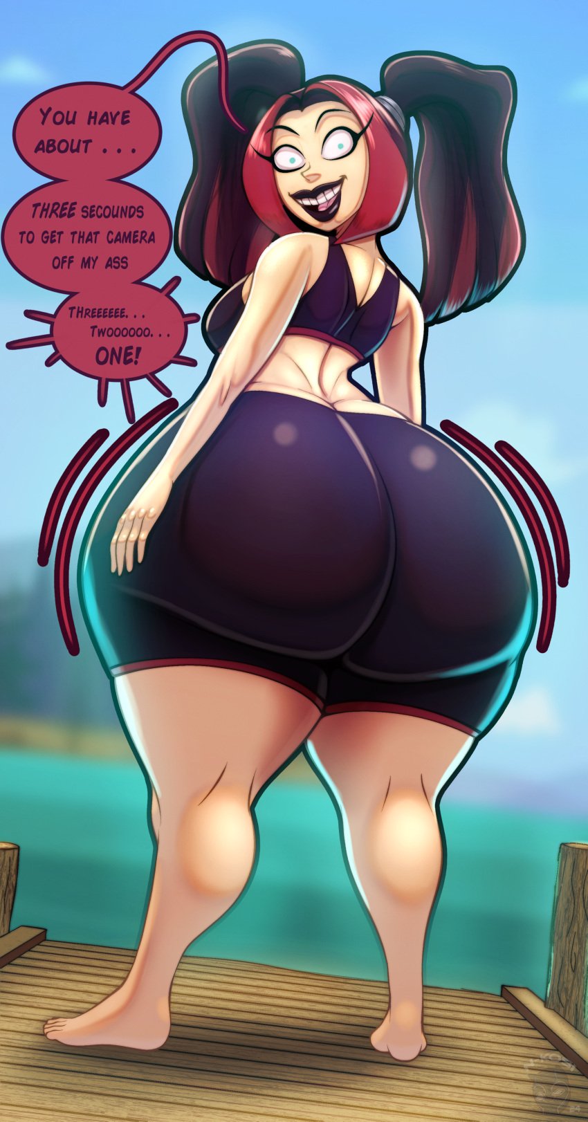 1girls ass ass_cleavage big_ass bottom_heavy breasts bubble_butt butt_crack clothing creepy creepy_smile crop_top dat_ass dialogue dumptruck_ass fat_ass female female_only goth goth_girl huge_ass large_ass looking_at_viewer looking_back massive_ass n-kosi n-kosi_(coloring) outdoors scary_girl_(tdi) shorts solo talking_to_viewer text thick_ass thick_thighs thunder_thighs total_drama_island total_drama_island_(2023) wide_hips