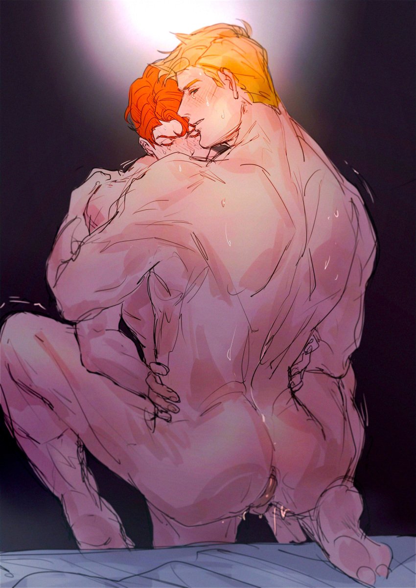 2males back_view barry_allen blonde_hair dc_comics gay ginger_hair incest male muscular muscular_male naked naked_male nude precum red_hair sex sweating uncle_and_nephew wally_west