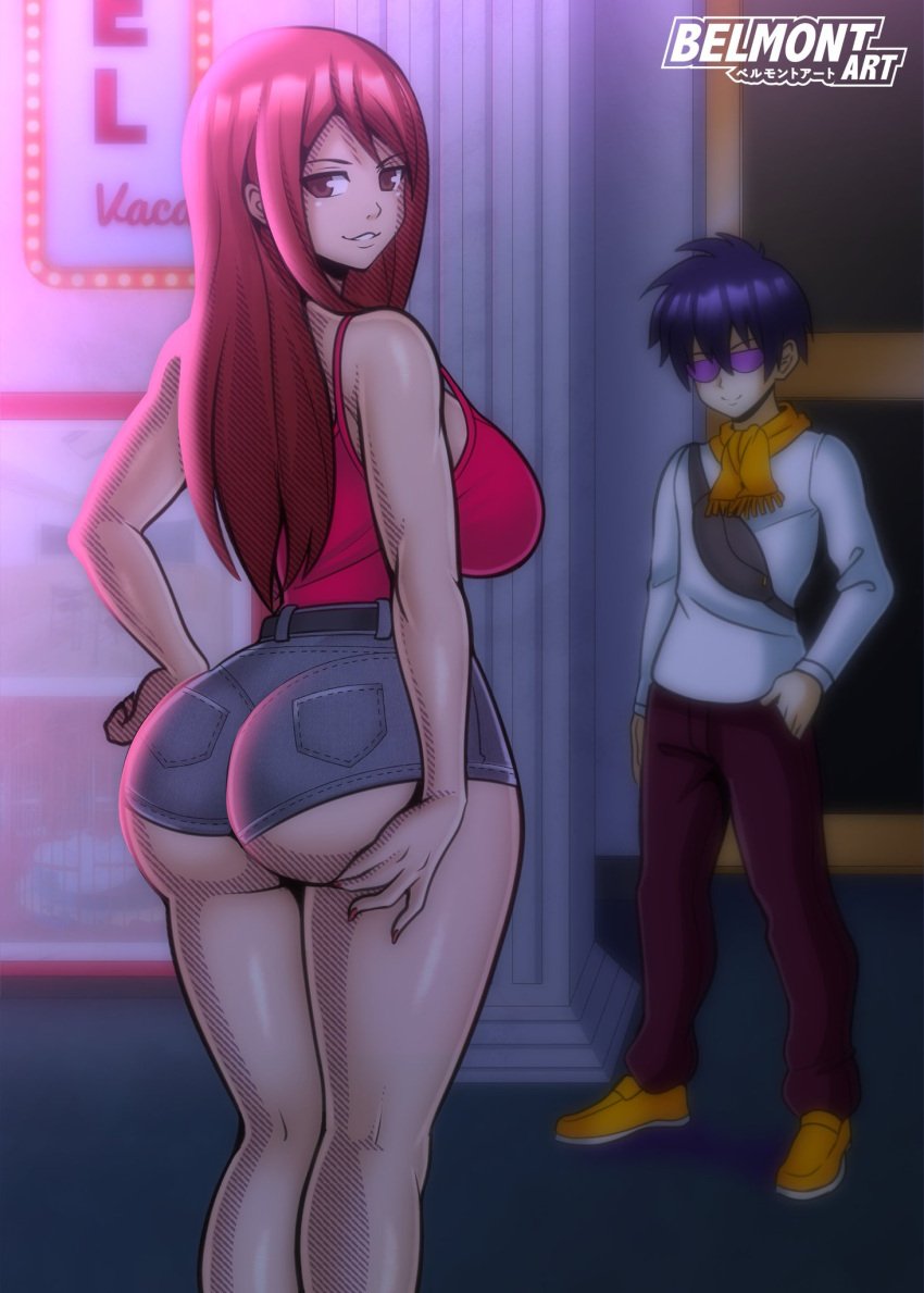 1boy 1girls ass belmont big_breasts booty_shorts breasts brown_eyes bubble_butt erza_scarlet fairy_tail female hand_on_butt large_ass long_hair long_legs looking_back male pale-skinned_female pale_skin pink_topwear purple_hair red_hair red_nails romeo_conbolt scarf sideboob spankable_ass sunglasses white_shirt yellow_scarf yellow_shoes