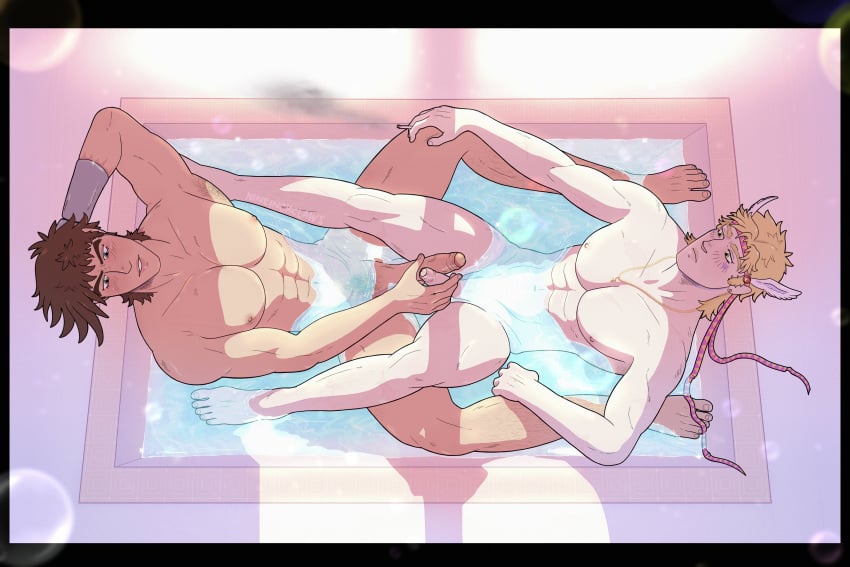 1boy 2boys bath bathing battle_tendency blonde_hair brown_hair caesar_zeppeli cigarette frottage holding_cigarette jojo's_bizarre_adventure joseph_joestar male male/male male_only muscular_male nineinchclawz nude nude_male pale-skinned_male penis_size_difference