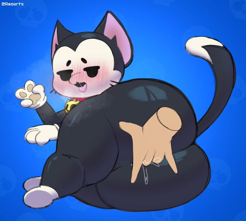 1boy 2024 anal anal_fingering anthro ass axoarts bell bell_collar big_butt black_body black_ears black_eyes black_fur black_tail blue_background blush blush_lines bodily_fluids brawl_stars clothing collar digital_media_(artwork) disembodied_hand domestic_cat duo felid feline felis fingering fur gesture gloves half-closed_eyes hand_gesture handwear hi_res human kit_(brawl_stars) looking_back looking_pleasured lying male male/male male_penetrated mammal multicolored_body multicolored_fur narrowed_eyes offscreen_character on_side penetration presenting presenting_hindquarters rear_view red_collar saliva saliva_string simple_background tail thick_thighs tongue tongue_out two_tone_body two_tone_fur two_tone_tail v_sign whiskers white_body white_clothing white_fur white_gloves white_handwear white_tail