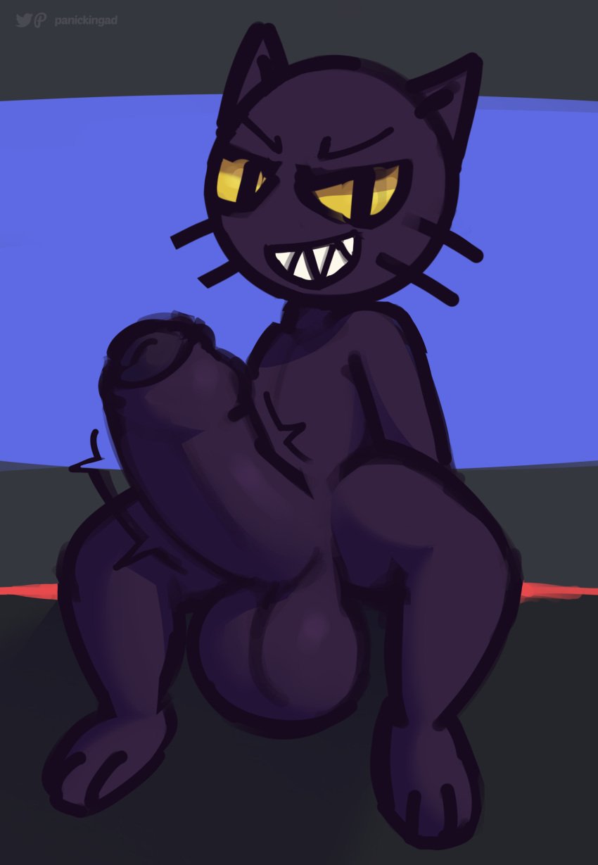 2021 absurd_res anthro artist_name balls big_balls big_penis chaos_cat_(discord) digital_media_(artwork) domestic_cat felid feline felis fur genitals grin hi_res huge_cock male mammal noseless panickingad penis purple_body purple_fur sharp_teeth simple_background smile solo teeth throbbing throbbing_penis watermark whiskers yellow_sclera