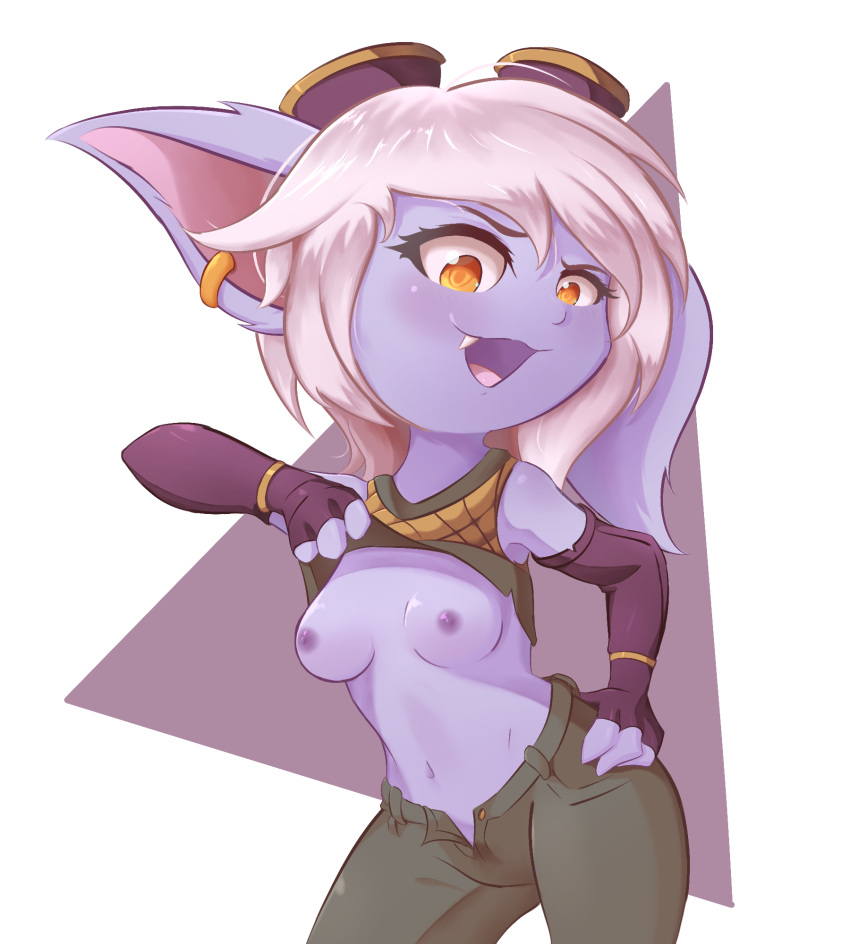 breasts clothing exposed_breasts eyewear eyewear_on_head female female_only flashing_breasts fur goggles goggles_on_head humanoid league_of_legends piercing princess_rari purple_fur riot_games solo tristana white_hair yordle