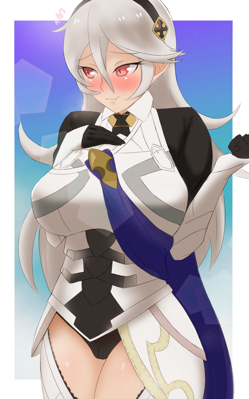 1girls bare_thighs black_panties blush corrin_(fire_emblem) corrin_(fire_emblem)_(female) embarrassed fire_emblem fire_emblem_fates hair_between_eyes hand_on_own_chest heavy_blush huge_breasts inner_thighs long_hair looking_away nintendo panties partially_visible_vulva pibu pointy_ears red_eyes shy shy_smile silver_hair smile solo sweatdrop thick_thighs thighs very_long_hair