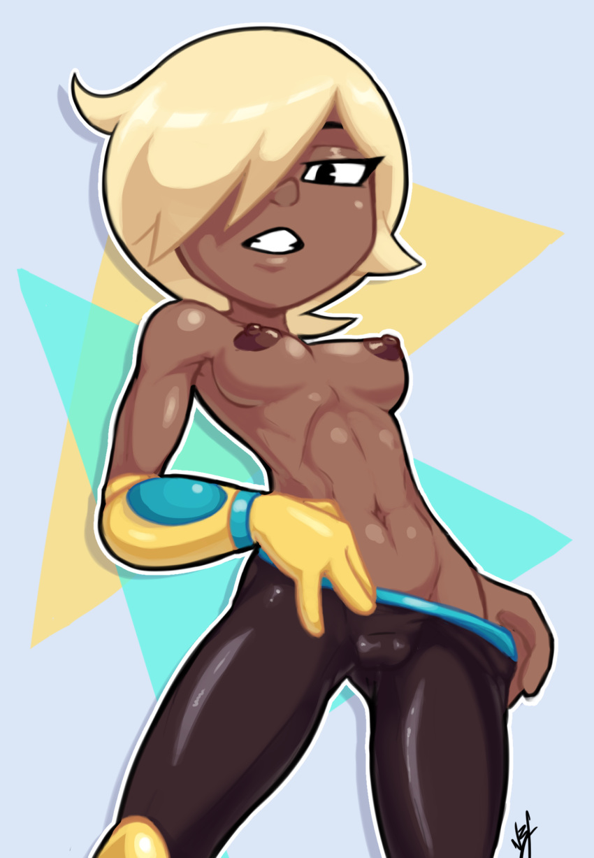 1girls artist_request blonde_hair breasts cartoon_network dark-skinned_female dark_nipples female female_only hair hair_over_one_eye hue_troop navel ok_k.o.!_let's_be_heroes short_blonde_hair short_hair stomach topless topless_female tummy yellow_technique