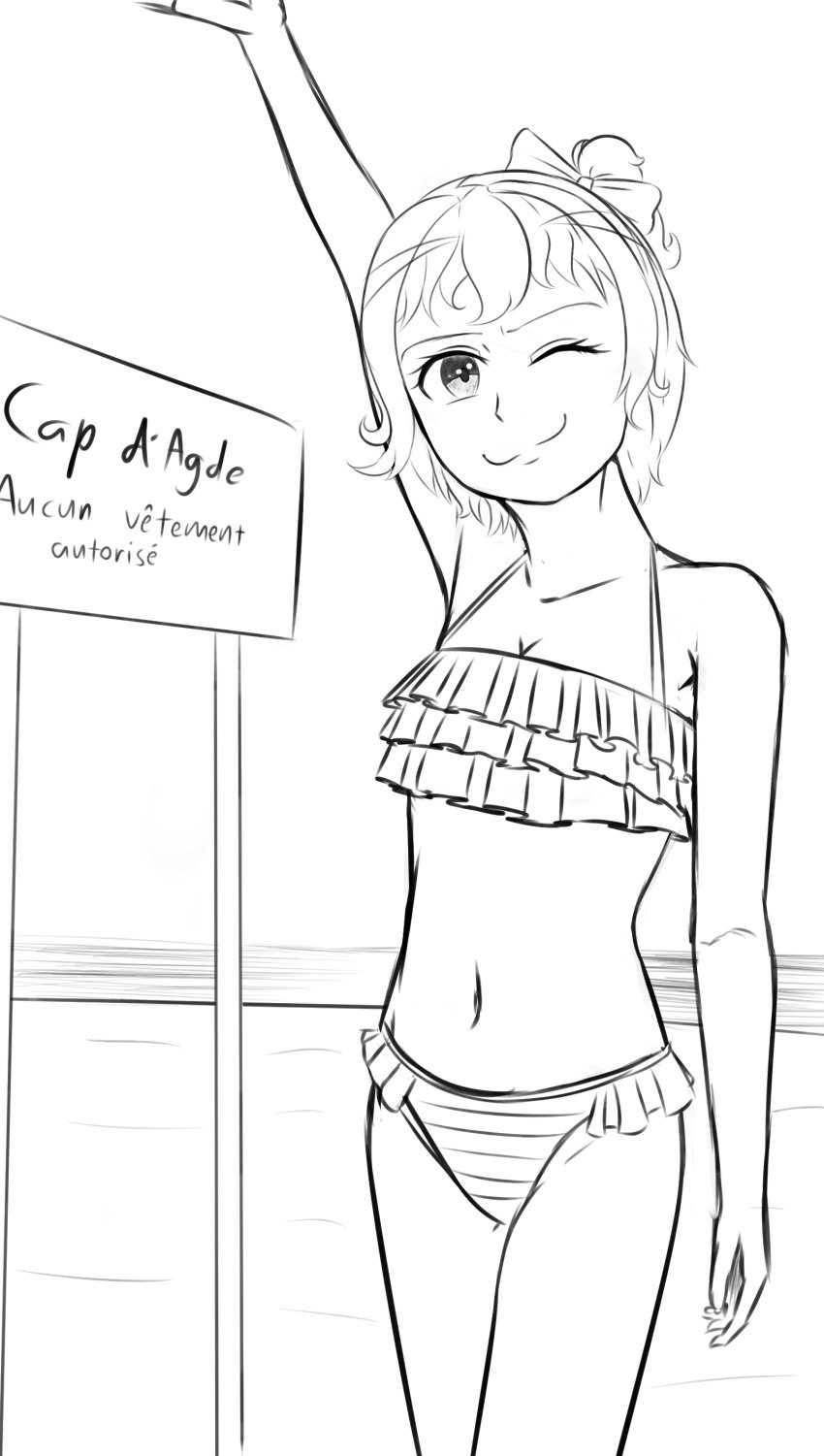 1female 1girls artlab bare_shoulders bow cleavage doki_doki_literature_club female_focus french_text hair_bow hairbow navel one_eye_closed sayori_(doki_doki_literature_club) solo_focus swimwear text thedarkartlab_(artist)