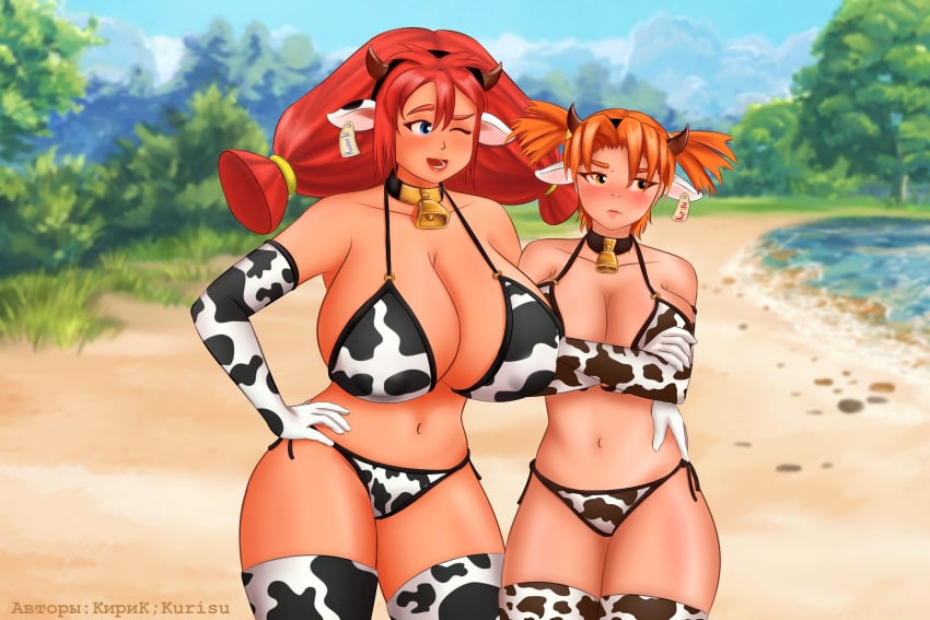 2girls alisa_(everlasting_summer) cow_girl cow_print everlasting_summer female female_focus female_only kirik multiple_girls thick ulyana_(everlasting_summer)