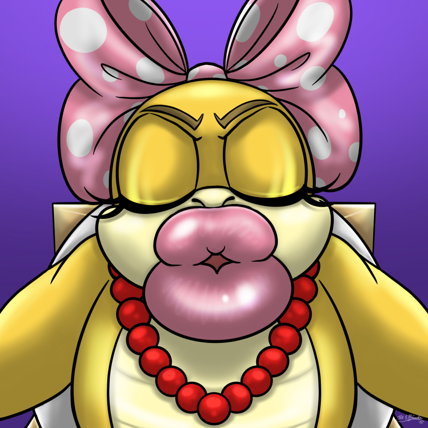 1girls anthro bead_necklace big_lips bimbo bimbo_lips bow buchukisu closed_eyes eyelashes female huge_lips kissing kissing_viewer kissy_face koopaling lips lipstick mario_(series) necklace nintendo pink_lips pink_lipstick pov_kiss puckered_lips shortstack solo solo_female tekandprieda_(artist) thick_lips wendy_o._koopa yellow_body