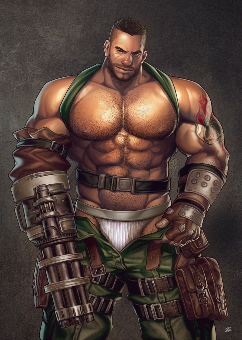 1boy bara barret_wallace beard bulge clothing dark-skinned_male dark_skin final_fantasy final_fantasy_vii hairy_chest jockstrap male male_focus male_nipples male_only male_pubic_hair muscular_male nipples sexy_da_xiong solo_male underwear