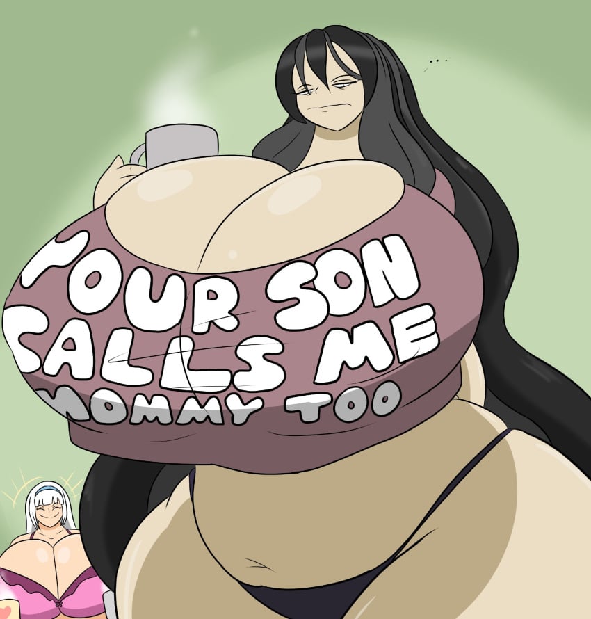 amelia_(igph) black_hair boob_window chubby chubby_belly chubby_female cleavage coffee coffee_cup coffee_mug hourglass hourglass_figure hourglass_figured_female igphhangout kuki_walkers_(igph) massive_breasts sleepy underwear white_hair