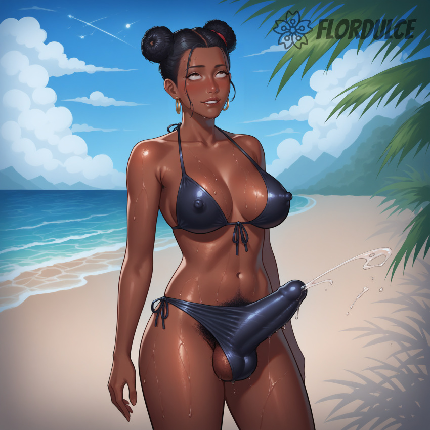 ai_generated balls beach bikini biting_lip black_bikini black_hair brown_eyes covered_penis cum cumming cumshot dark-skinned_futanari dark_skin double_bun ejaculation ejaculation_under_clothes erect_penis erection erection_under_clothes erection_under_clothing flordulce futa_only futanari orgasm outdoors palm_tree penis pubic_hair rolling_eyes solo_futa space_buns testicles water wet wet_skin