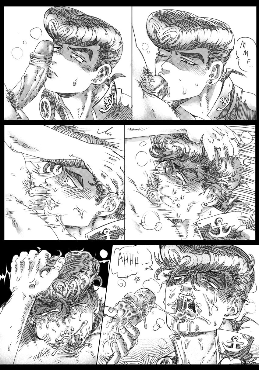 ahe_gao blowjob comic crying cum cum_in_mouth cum_on_face deepthroat diamond_is_unbreakable english_text face_fucking facefuck faceless_male hair_pull jojo's_bizarre_adventure josuke_higashikata male_only oral_sex penis_on_face rimmybone saliva_trail tears throat_fuck yaoi