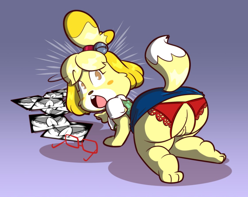 animal_crossing ass ceedoubleu embarrassed isabelle_(animal_crossing) looking_back panties pussy shocked tagme