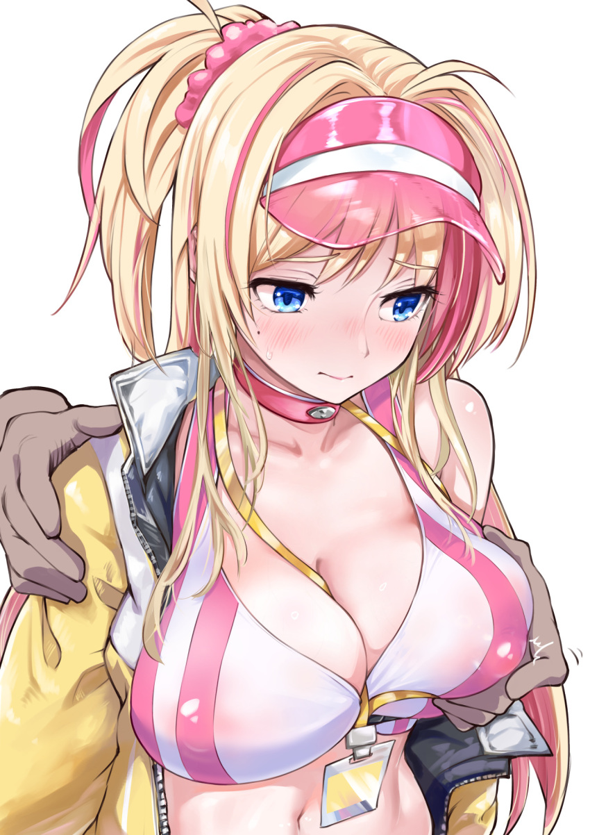 1girls ahoge blonde_hair blue_eyes blush breasts choker cleavage closed_mouth clothed_female disembodied_hands eyebrows_visible_through_hair floating_hands goddess_of_victory:_nikke groping groping_breasts hair_intakes hair_scrunchie highres id_card jacket lanyard liveryn_(nikke) long_hair mole mole_under_eye navel nipples_visible_through_clothing open_jacket ponytail sota sports_bra streaked_hair sweat sweatdrop two_tone_hair uncomfortable white_background yellow_jacket