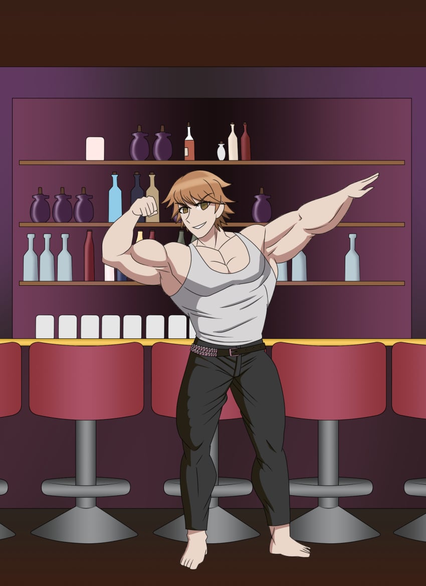 1boy bar_counter barefoot bottles_background danganronpa depraveddefense flexing_bicep fujisaki_chihiro male male_only masculine muscle_growth muscular_male pants posing sequence_parts smooth_skin white_tank_top