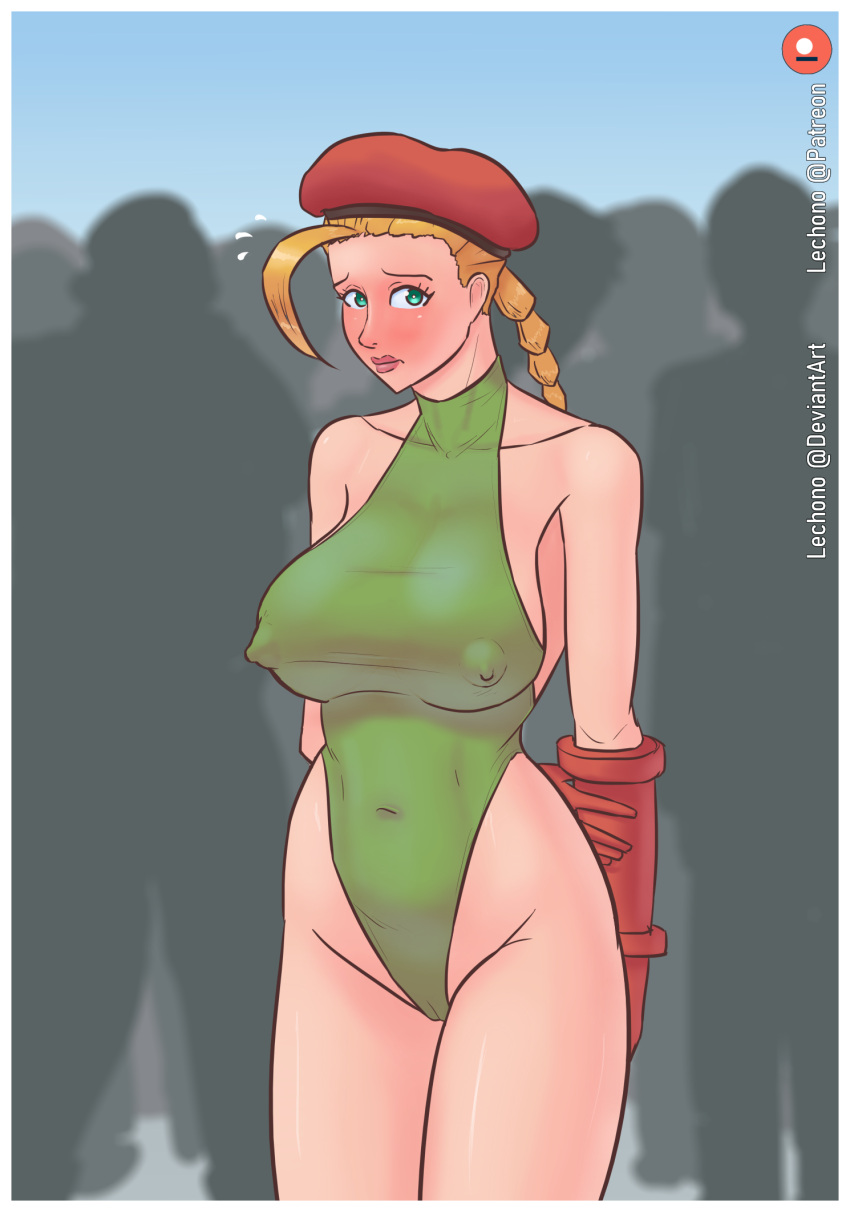 breasts cameltoe cammy_white cammy_white_(cosplay) embarrassed embarrassing_outfit female female_focus green_leotard hate lechono leotard nipple nipple_bulge revealing revealing_clothes revealing_outfit street_fighter