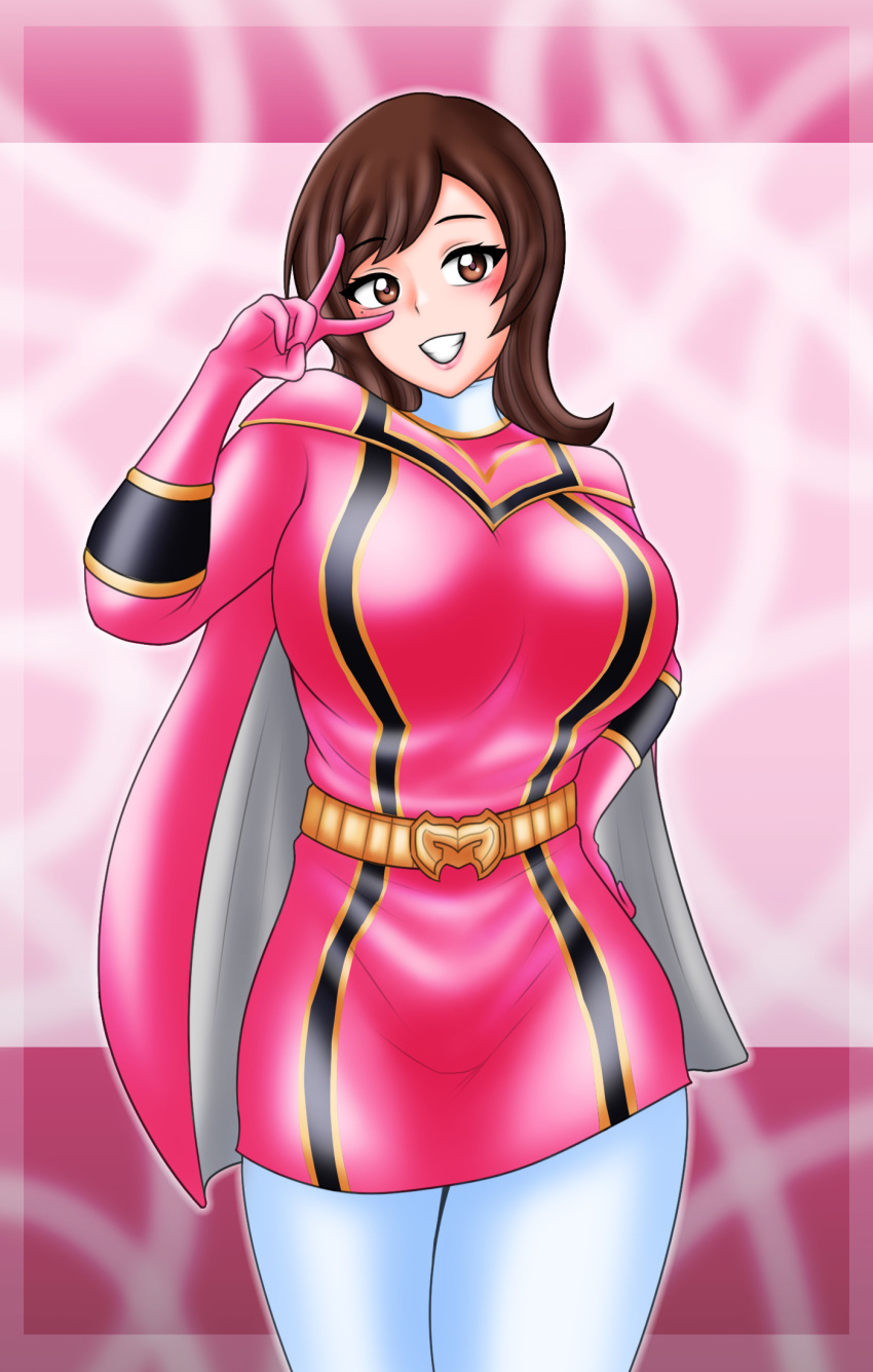 1girls alluring big_breasts bodysuit female houka_ozu mahou_sentai_magiranger milf no_helmet peace_sign pin_up posing silf super_sentai treezero