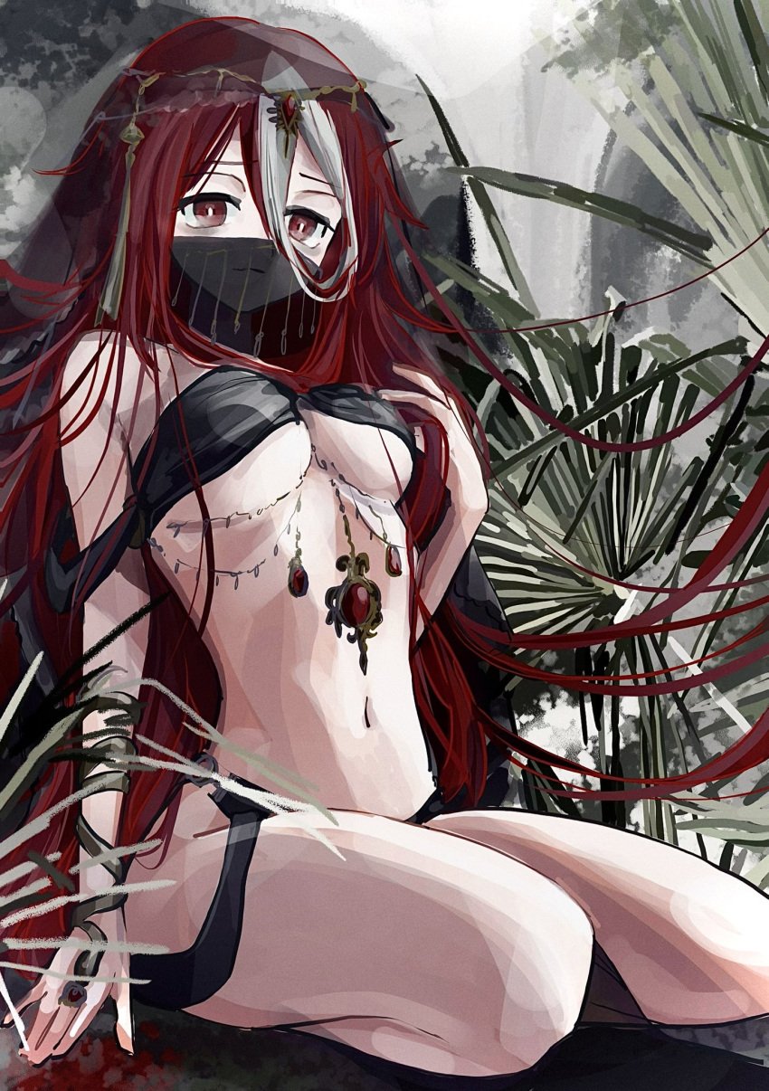 bags_under_eyes circlet face_veil female female_only hair_between_eyes harem_outfit jewelry loincloth long_hair looking_at_viewer made_in_abyss medium_breasts mouth_veil nervous_smile pelvic_curtain red_eyes red_hair revealing_clothes sealily sitting slave slave_outfit solo two_tone_hair underboob veil very_long_hair vueko white_streak