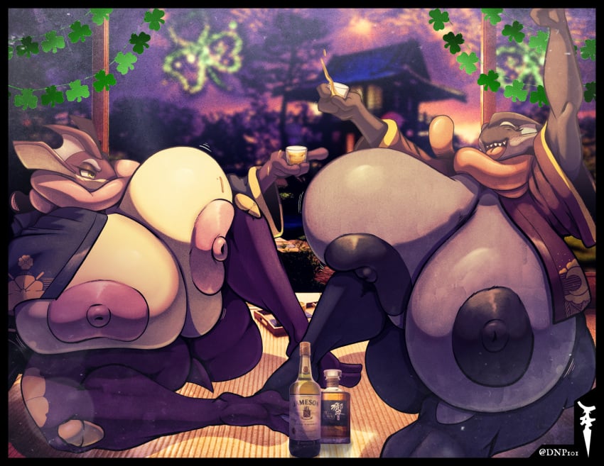 alcohol anthro ass beverage big_butt breasts dnp101 feet female generation_6_pokemon greninja hi_res holidays huge_butt humongous_breasts hyper nintendo nipples pokemon pokemon_(species) st._patrick's_day thick_thighs