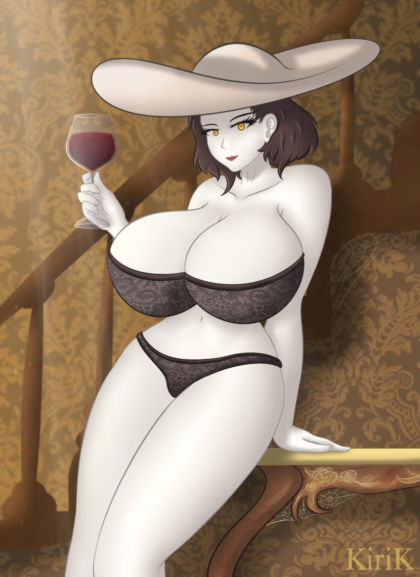 1girls alcina_dimitrescu bra brown_hair female female_focus female_only kirik large_breasts lingerie panties resident_evil resident_evil_8:_village solo underwear white_skin wine_glass yellow_eyes