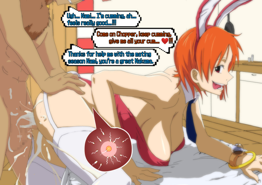 bunny_ears bunnysuit censored clothed clothing cum cum_inside doggy_style female fertilization from_behind from_behind_position humanoid impregnation interspecies kyabakurabakufu male mosaic_censoring nami nyuuface one_piece orange_hair ovum pre-timeskip sperm_cell taken_from_behind text tony_tony_chopper