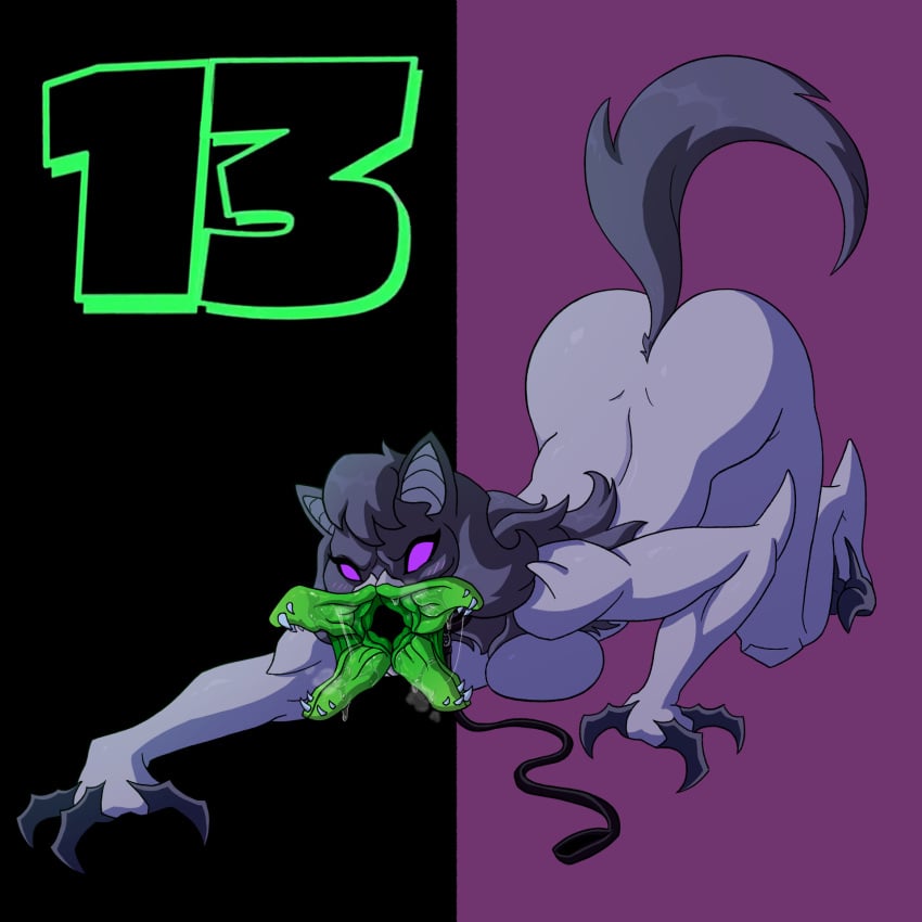 3_fingers alien all_fours anthro arm_spikes ass ass_up ben_10 ben_10_(classic) big_butt black_background black_claws black_hair black_nose black_tail blitzwolfer blush breasts canid canine canis cartoon_network chaquetrix claw_fingers claws collar digitigrade elbow_spikes empty_eyes fangs female fingers fur green_mouth green_text grey_body grey_fur grey_inner_ear grey_muzzle hair hi_res leash loboan looking_at_viewer mammal nude nude_anthro nude_female open_mouth profannytea purple_background purple_eyes simple_background solo spikes spikes_(anatomy) split_jaw tail teeth text toe_claws wolf