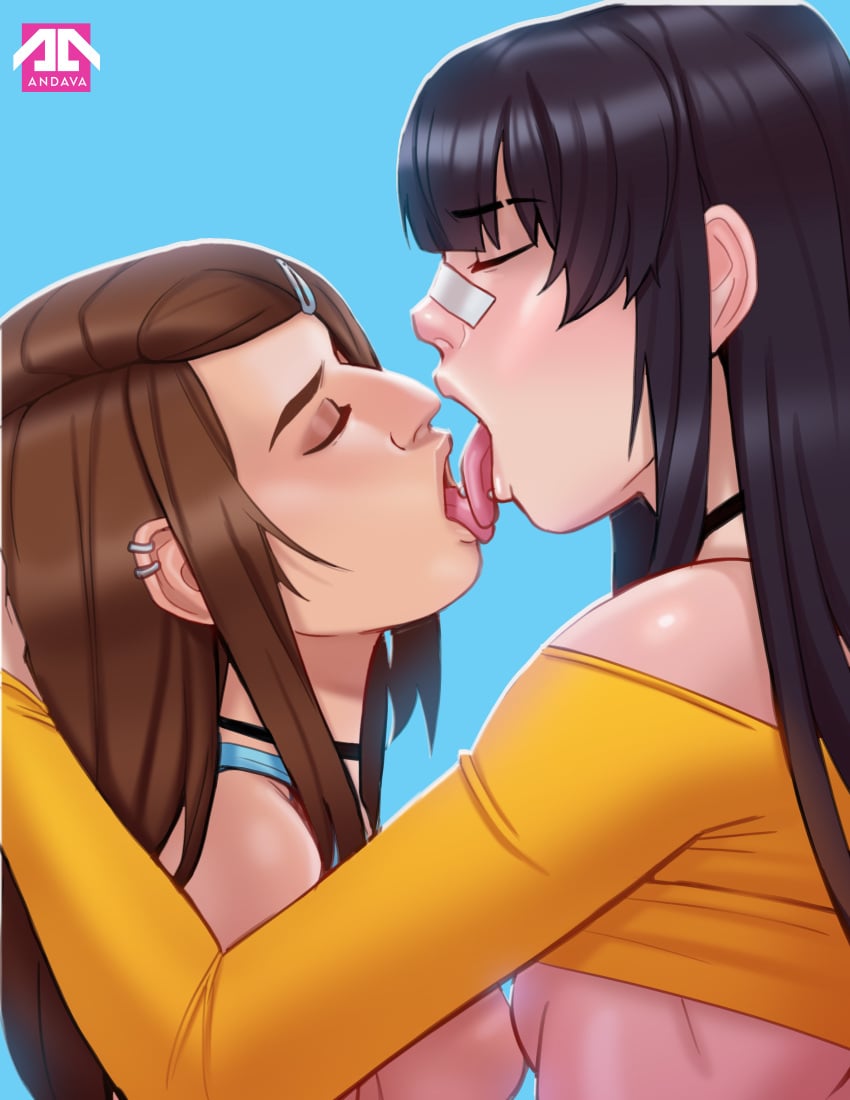 2girls andava andavaverse asian asian_female black_hair brown_hair choker closed_eyes erica_andreyko female female_human french_kiss french_kissing human na-na_kim open_mouth tongue tongue_out yuri