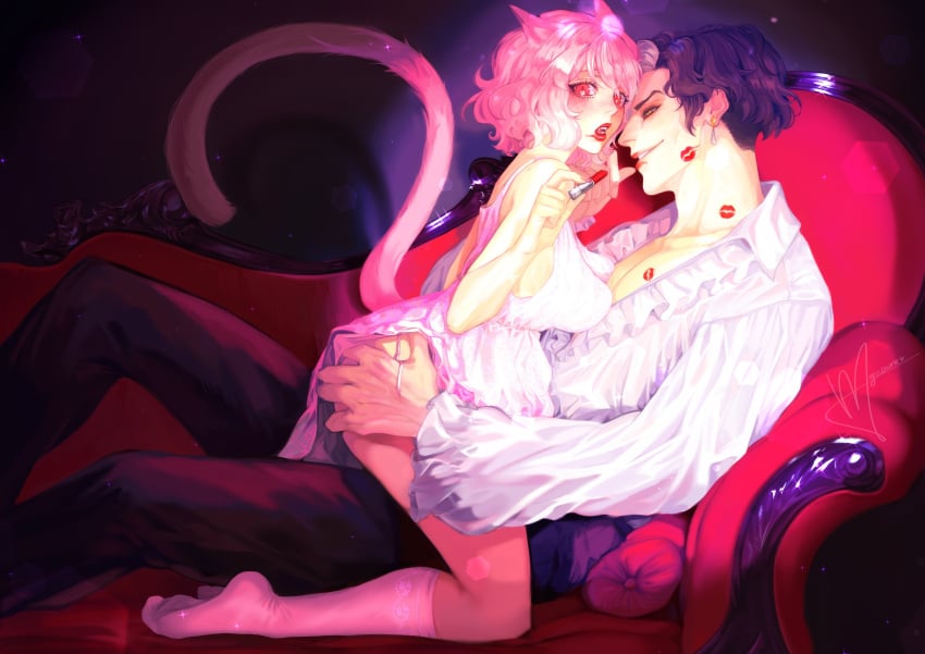 animal_ears artist_signature ascian cat_ears cat_tail couch dark_hair earring emet-selch exposed_thigh female final_fantasy_xiv fully_clothed fully_clothed_female fully_clothed_male garlean hand_on_butt high_resolution highres holding_partner lifted_tail lipstick lipstick_mark lipstick_mark_on_chest lipstick_mark_on_neck lipstick_marks lipstick_smear lipstick_tube looking_at_partner looking_at_viewer lounging loveseat low_cut_top male miqo'te myssdark no_sex on_couch pink_hair pink_hair_female red_eyes red_eyes_female scandalous short_dress short_hair short_hair_female short_hair_male side_view sitting_on_lap socks socks_on two-tone_hair v-neck yellow_eyes yellow_eyes_male