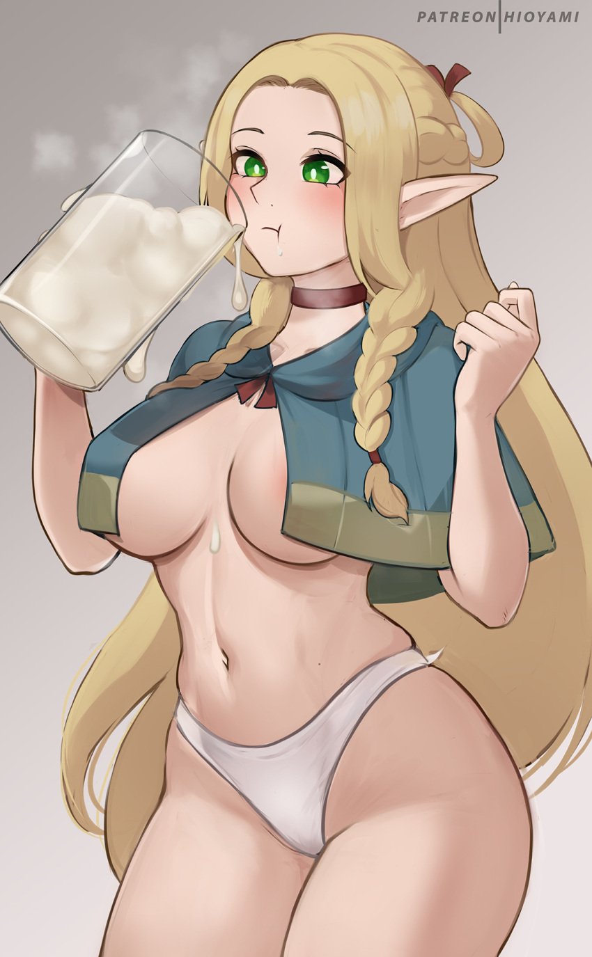 areola_slip blonde_hair blue_capelet braid breasts capelet cum cum_in_container cum_in_cup cup drinking_cum dungeon_meshi elf english_commentary female french_braid gokkun good_artwork green_eyes highres hioyami holding holding_cup lace_trim large_breasts long_hair marcille_donato navel panties parted_bangs patreon_username pointy_ears salty_semen_sommolier solo twin_braids underwear white_panties