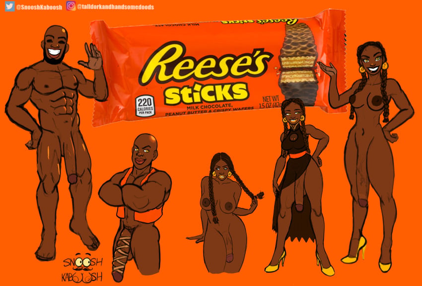 1boy 1futa areolae big_breasts braids breasts chocolate dark-skinned_futanari dark-skinned_male dark_skin futanari high_heels huge_cock human male penis personification reese's reese's_peanut_butter_cups reeses snooshkaboosh standing twin_braids twintails yellow_eyes