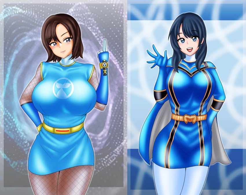 2girls alluring big_breasts black_hair blue_eyes bodysuit brown_hair mahou_sentai_magiranger nanami_nono ninpuu_sentai_hurricanger ozu_urara pin_up silf super_sentai treezero