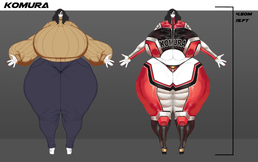 1girls black_hair breasts giantess hourglass_figure huge_thighs hyper_breasts ko_(koi_alive) koi_alive reference_sheet skin_tight_suit text thighs