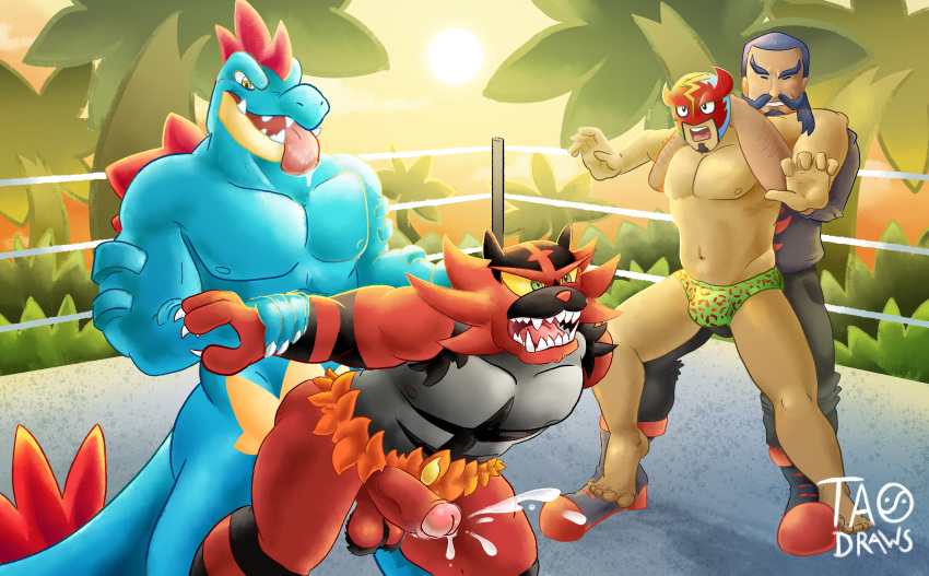 absurd_res anthro feraligatr fighting_ring generation_2_pokemon generation_7_pokemon group hi_res human incineroar kukui_(pokemon) male male/male male_only mammal mask masked_royal nintendo pokemon pokemon_(species) pokemon_professor pokemon_trainer professor_kukui sports_mask sportswear tao_draws wrestler wrestling wrestling_mask