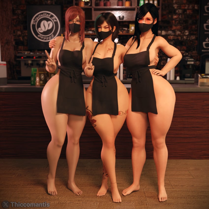 3d 3d_(artwork) apron big_ass big_breasts big_butt coffee coffee_shop final_fantasy final_fantasy_vii glasses mask oc original_character tattoos thiccomantis thick_ass thick_legs thick_thighs tifa_lockhart