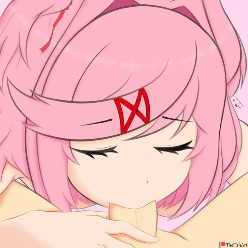 1boy 1girls anon blowjob both_eyes_closed closed_eyes doki_doki_literature_club eyes_closed fellatio female hair_intakes human male natsuki_(doki_doki_literature_club) penis penis_in_mouth pink_hair thefishart