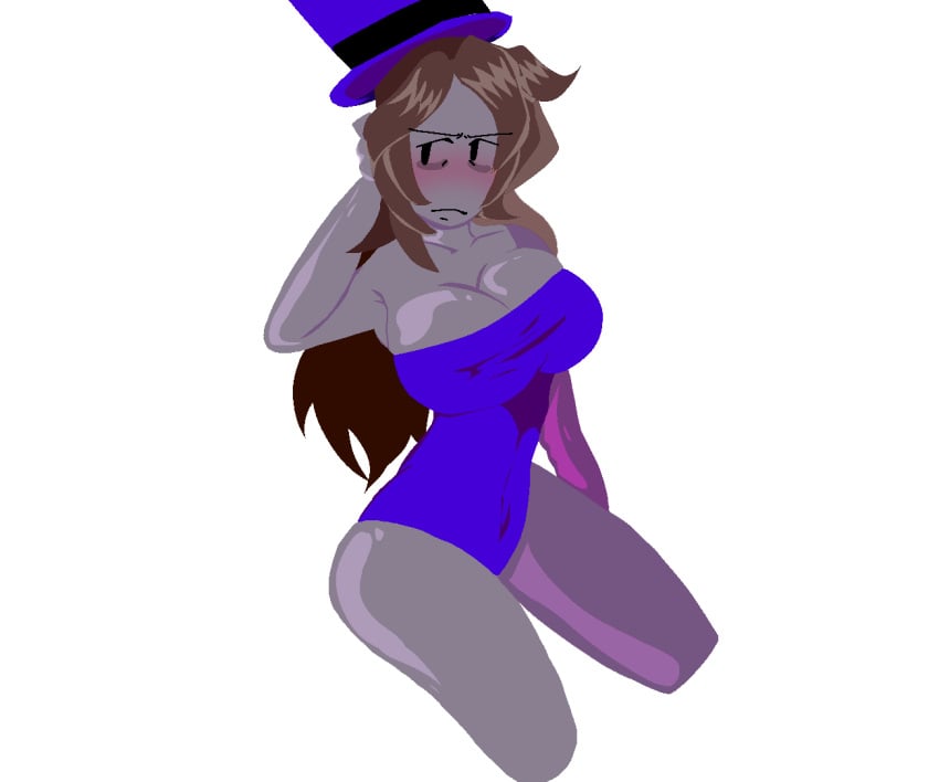 1girls big_breasts blush blushing brown_hair embarrassed embarrassed_female female female_only mach_(regretevator) milf purple_dress regretevator roblox roblox_game staring_at_viewer tophat